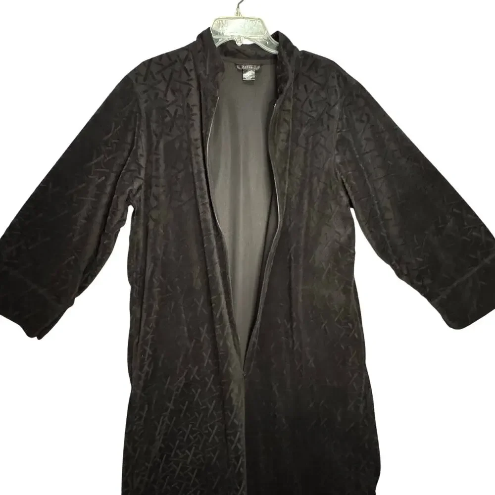 Natori Zip-Up Long Sleeve Stand Collar Maxi Robe Women XL Textured Velour Black